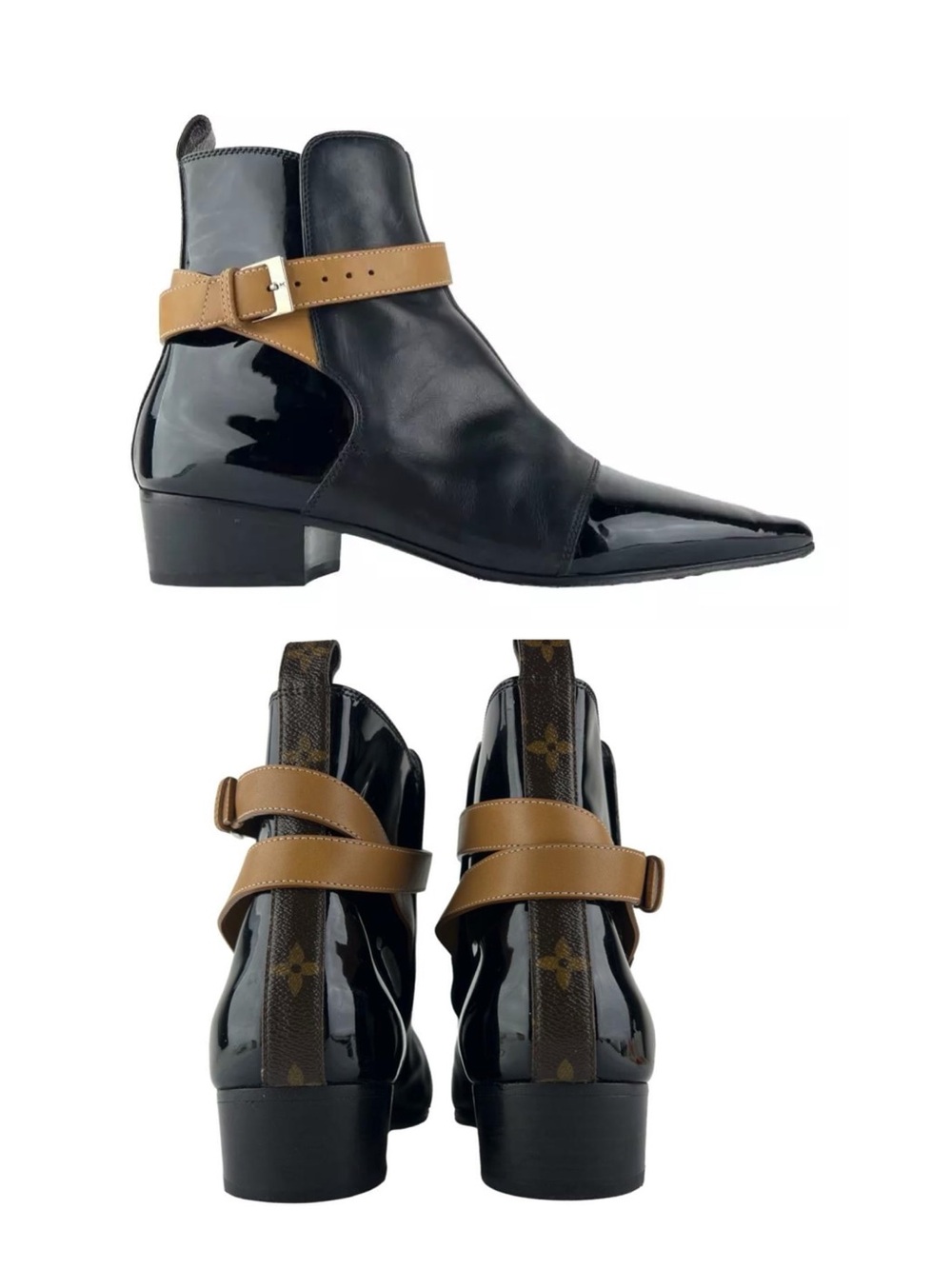 $1,600 Louis Vuitton Monogram Black Brown Leather Pointed Toe Ankle Boots Sz 7.5